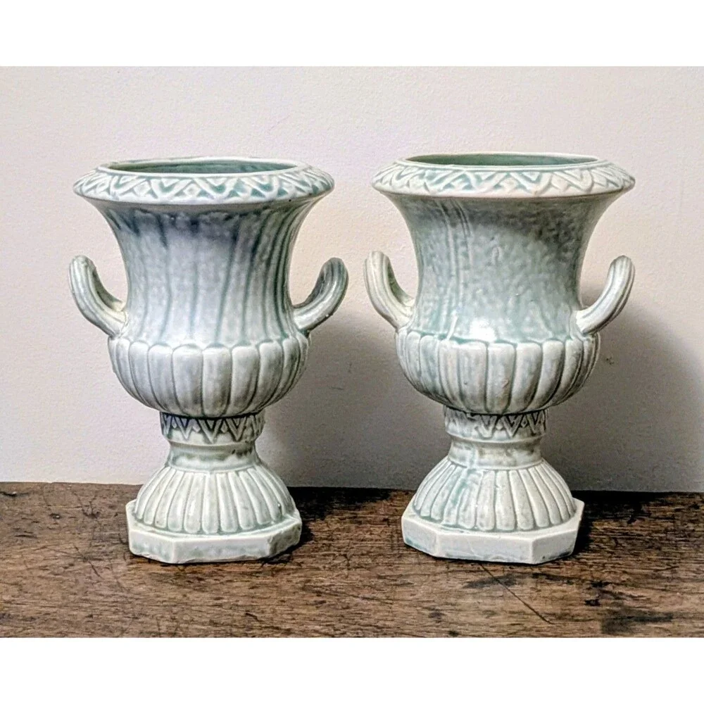 Vintage Pair Celadon Green Majolica Style Vases Neoclassical Mantle Urns Japan